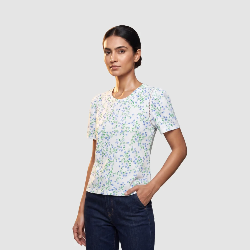 LOFT ‘Azure-Vine’ Fine Cotton Crew-Neck Tee