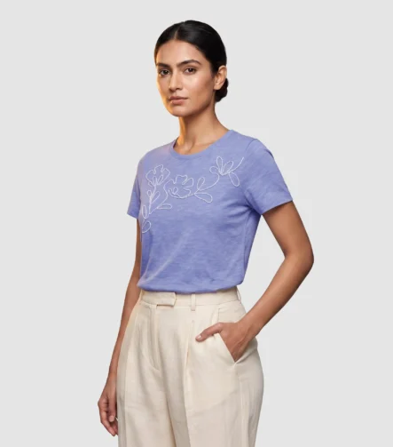 Floral Embroidered Coral Slub Cotton Tee (S)