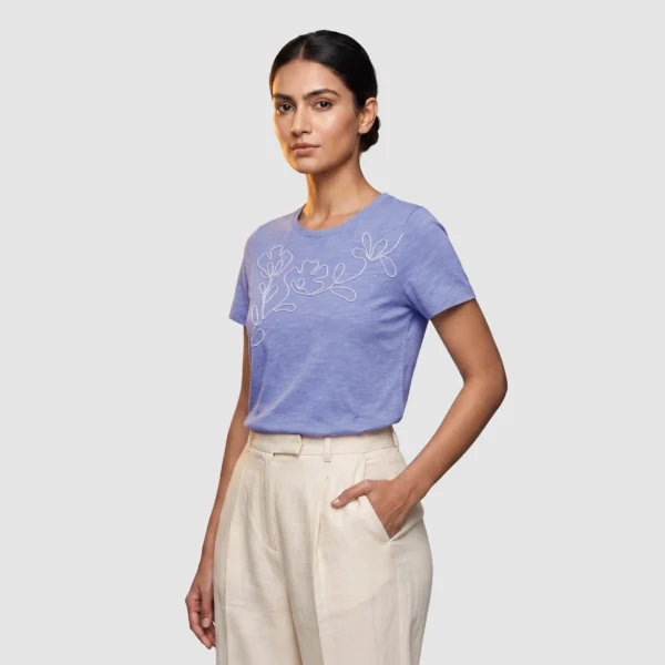 Floral Embroidered Coral Slub Cotton Tee (S)
