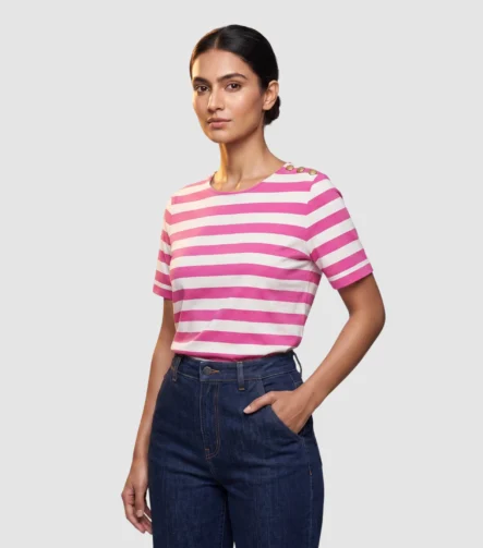 J.Crew Button-Shoulder Pink Striped Tee (XS)