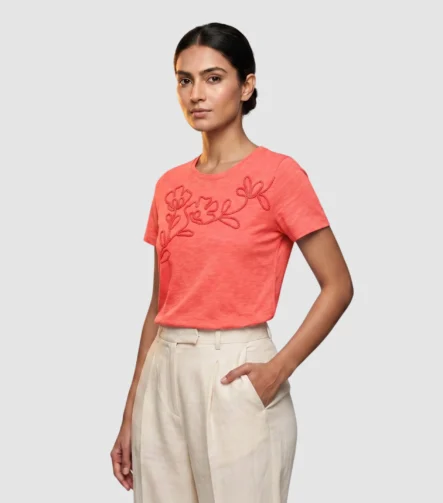 Floral Embroidered Coral Slub Cotton Tee (S)