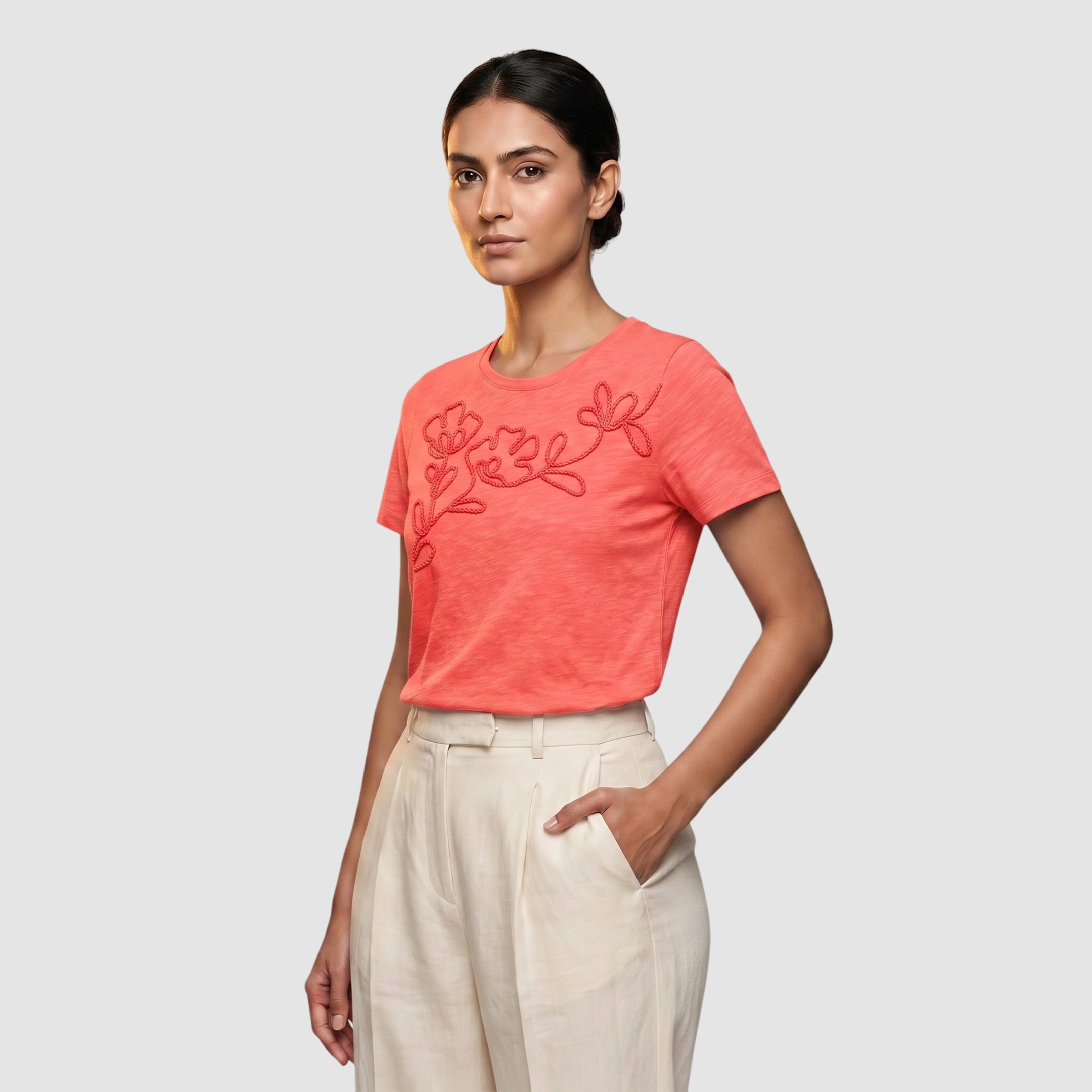 Floral Embroidered Coral Slub Cotton Tee (S)