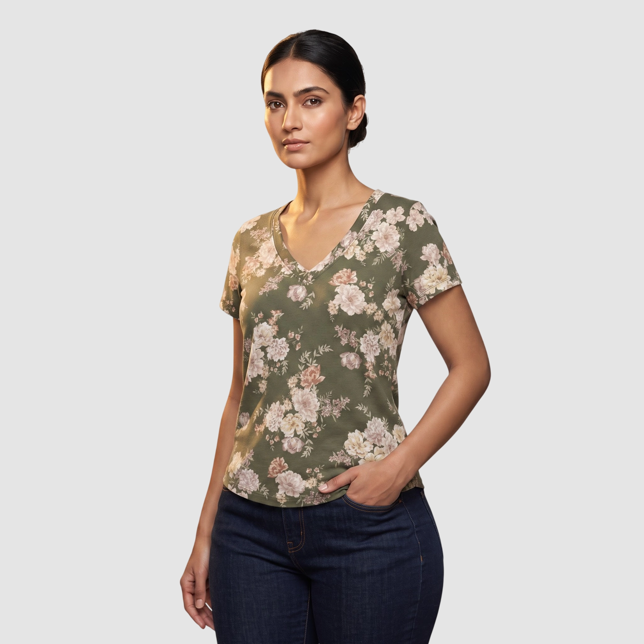 1 women-olive-green-floral-v-neck-t-shirt-front